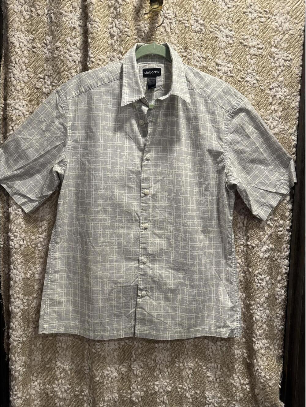 Claiborne Men's Shirt Gray/White 100% Cotton Button-Front Size M